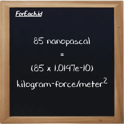 How to convert nanopascal to kilogram-force/meter<sup>2</sup>: 85 nanopascal (nPa) is equivalent to 85 times 1.0197e-10 kilogram-force/meter<sup>2</sup> (kgf/m<sup>2</sup>)